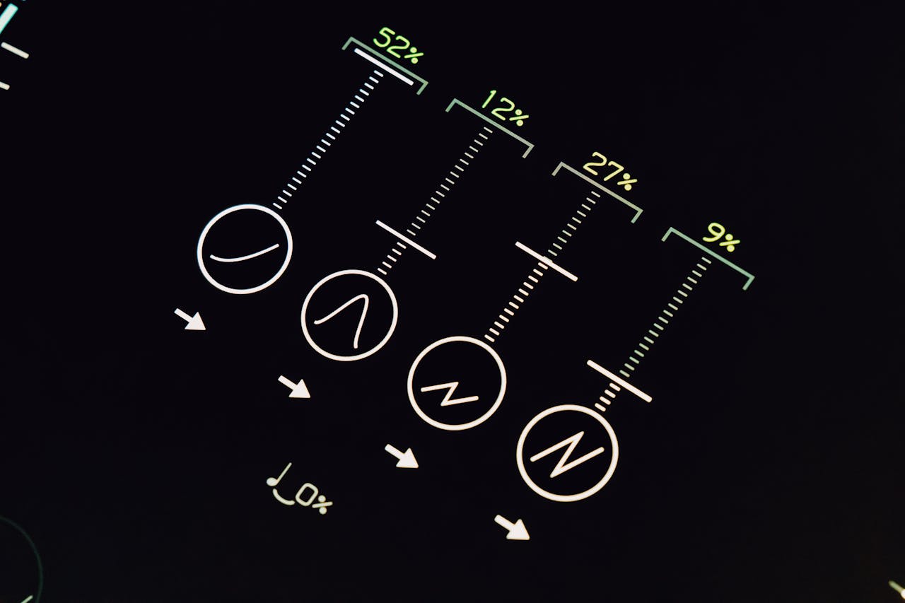 Conceptual display of futuristic user interface with percentages and symbols.